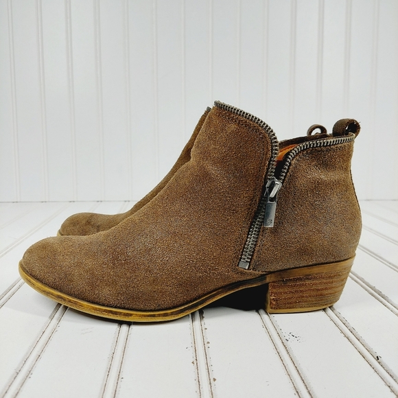 Lucky Brand Bartalino Brown Suede Block Heel Zip Up Boho Ankle Boots K684 - Picture 1 of 14